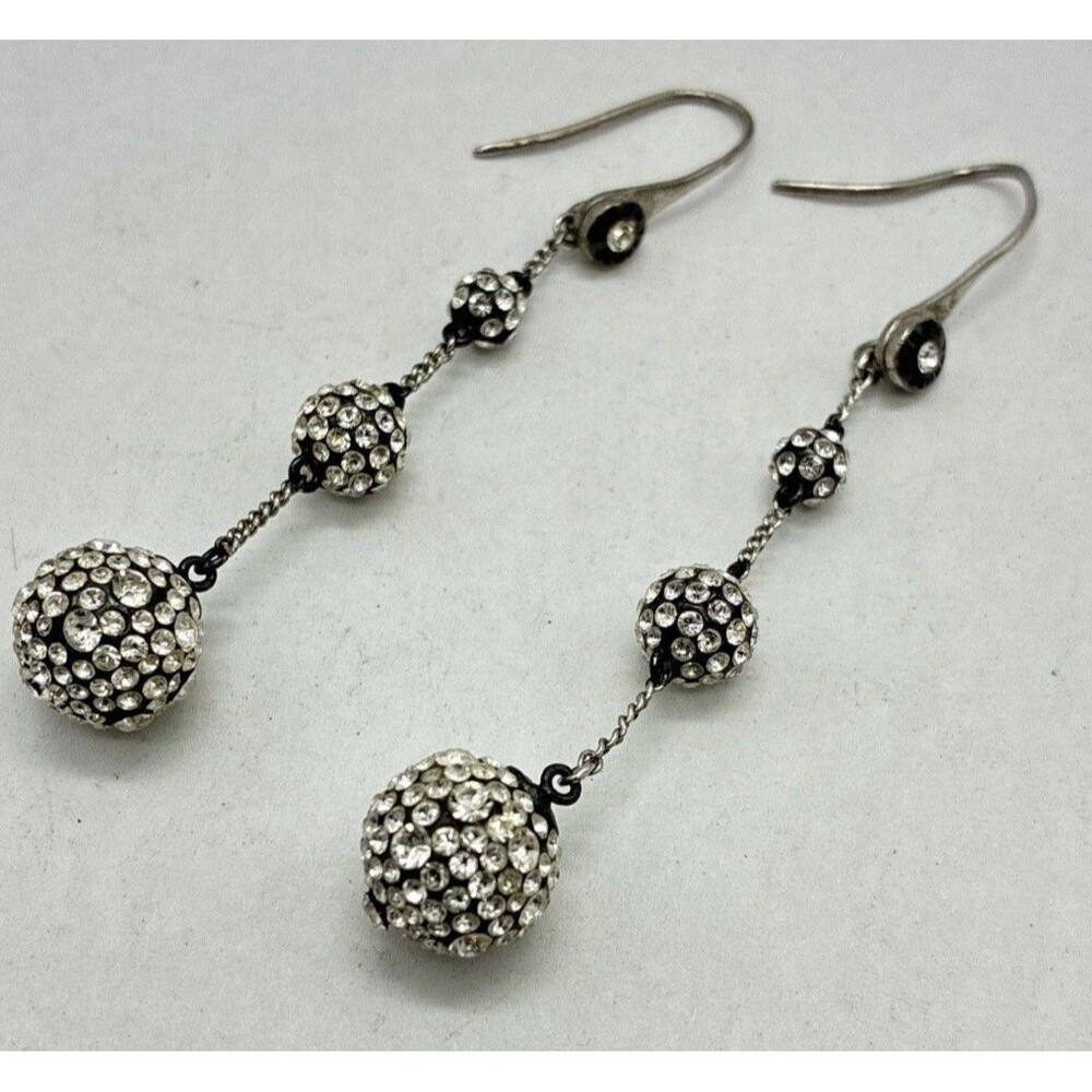 Henri Bendel Crystal Triple Ball Drop Earrings Graduated Rhinestone Dangle Rare